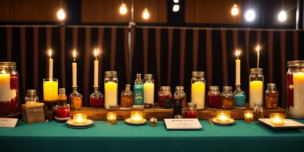 closeup_of_table_booth_with_small_jars_of_jelly_and_candles_at_a_gun_show_inside_a_civic_center__806539695